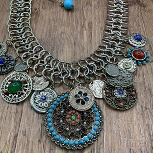 Graziano Turquoise Gold Tone Boho Coin Charm Gypsy Statement Necklace